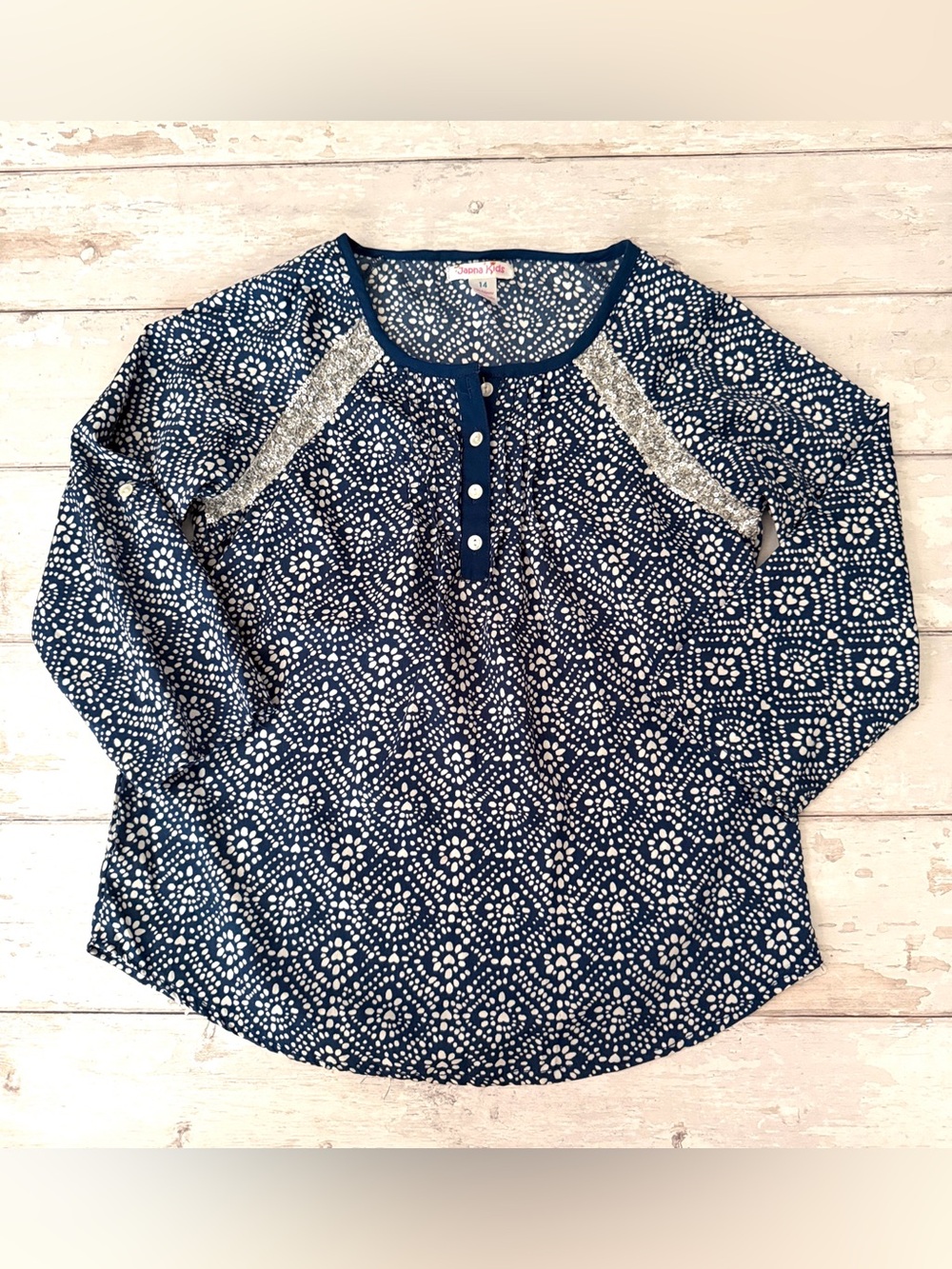 Japna Kids Girls Size 14 Blue Henley Blouse Super Cute Long Sleeve Top